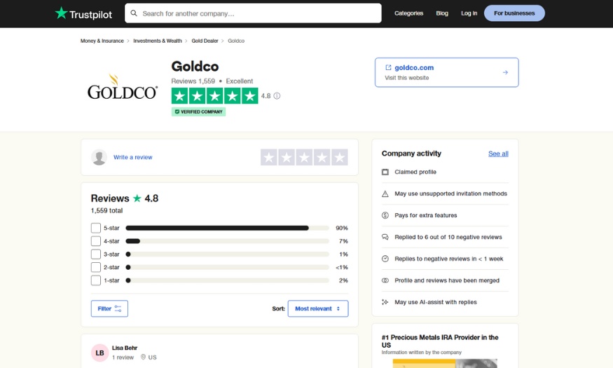 rating for Goldco on TrustPilot